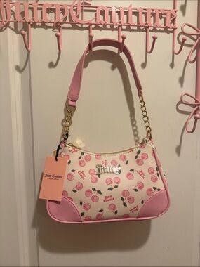 Juicy Couture Pink Cherry Print Shoulder Bag with Gold Chain